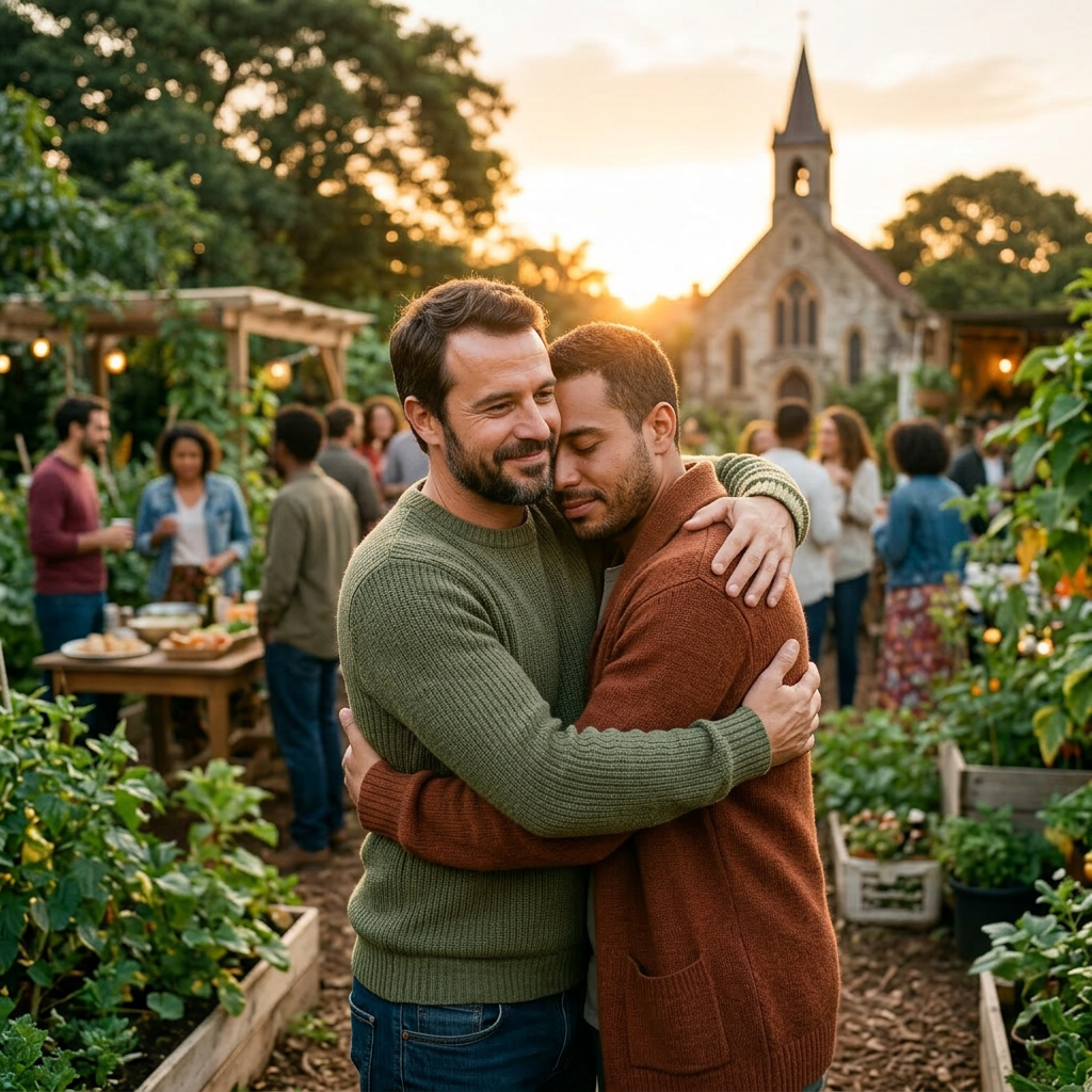 Three people hugging warmly in an outdoor garden with others socializing in the background